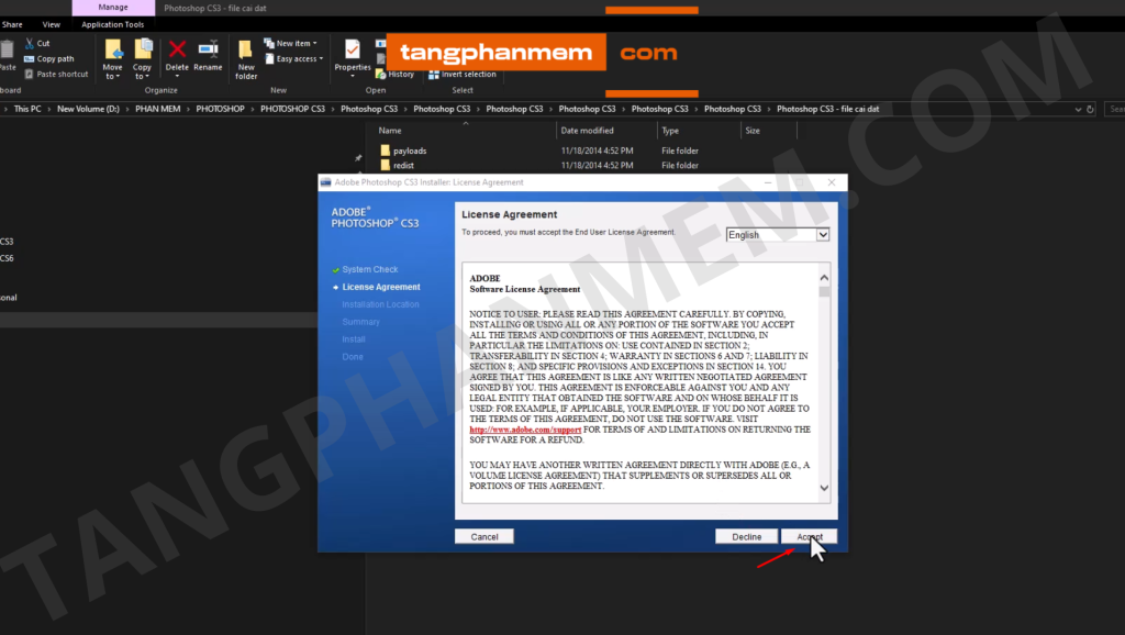 Chấp nhận điều khoản Photoshop CS3
